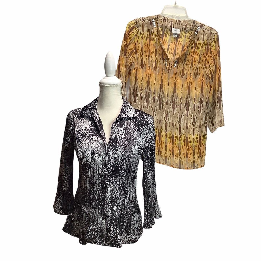 2 Jaclyn Smith Womens Size S Blouse Top Pleats Black White Brown beige sequins